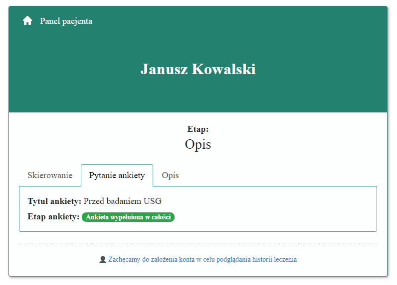 Zakładka z widokiem dla profilu pacjenta
