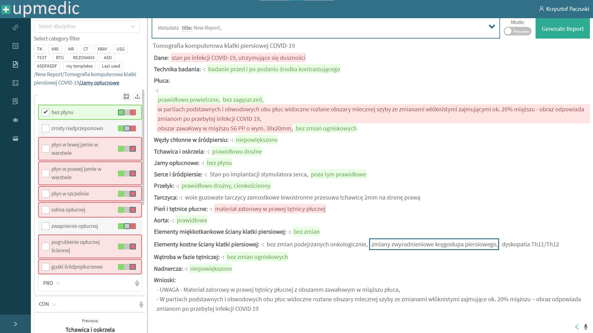 Screenshot edytora opisów badań (opisów radiologicznych)